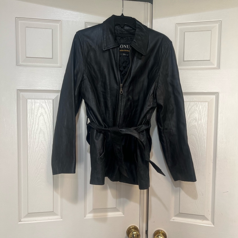 VTG Bonus Italian Women XL‎ Black Leather Belted Jacket Detachable Inside Liner